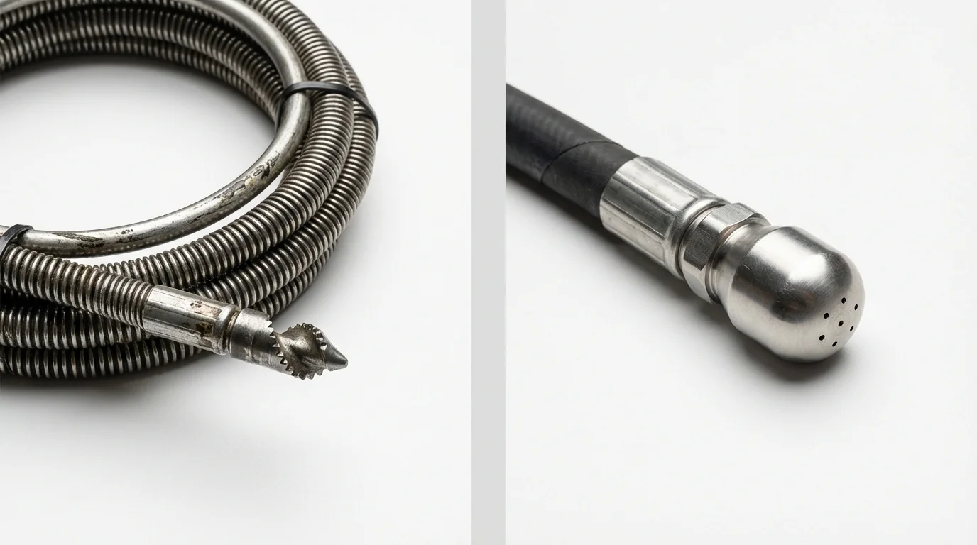 Drain snake cable and hydro jetting nozzle used for drain cleaning in Wayland, MA