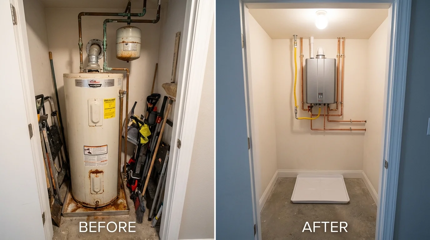 Tank water heater versus wall-mounted tankless unit comparison for Wayland, MA homeowners