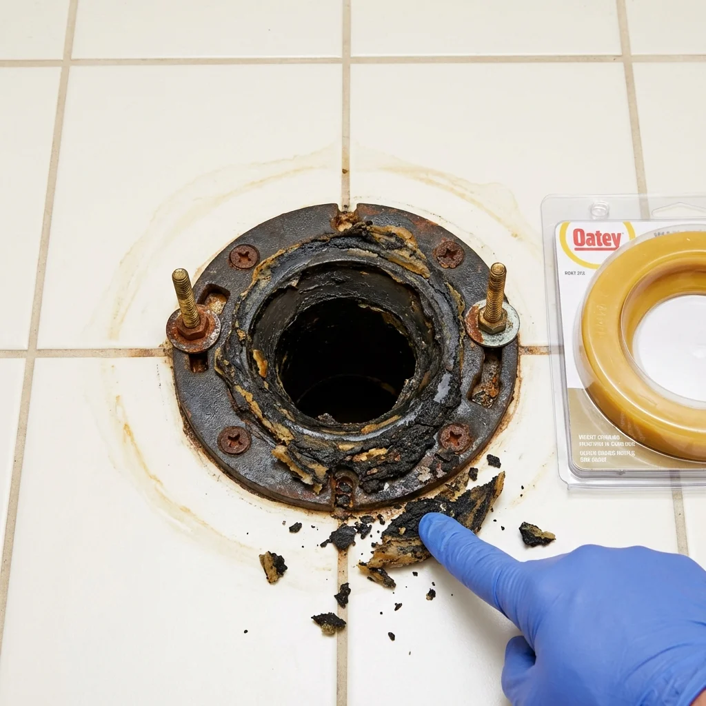 Failed wax ring showing water seepage at the base of a toilet in a Wayland, MA home