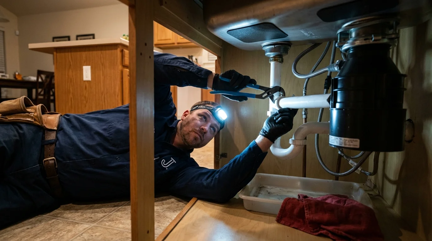 P-trap and supply line connections under a kitchen sink showing a common leak point in Wayland, MA